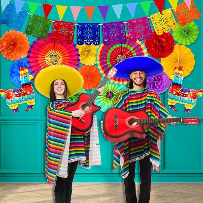 [ 7 Varieties ] 33Pcs Cinco De Mayo Fiesta Party Decorations, Mexican Themed Party Supplies, Paper Fans Pom Poms Table Cover Llama Balloons Pennant Papel Picado Banner Honeycomb Table Decor