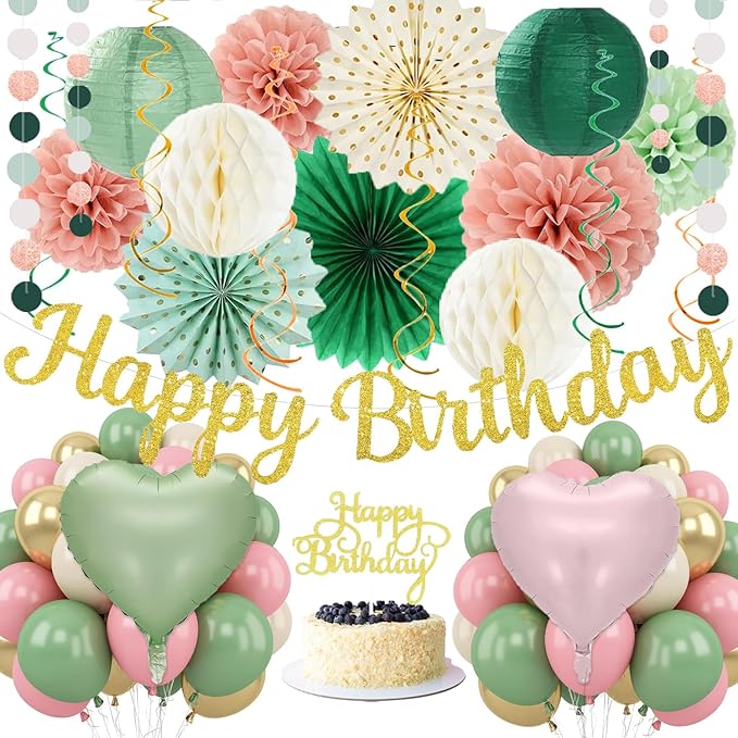 Sage Green Pink Birthday Decorations - 62pcs Happy Birthday Banner, Olive Retro Beige Paper Lanterns Pom Poms, Green Pink Balloons , Neutral Streamers Garland, Birthday Decorations for Women Girl Boys