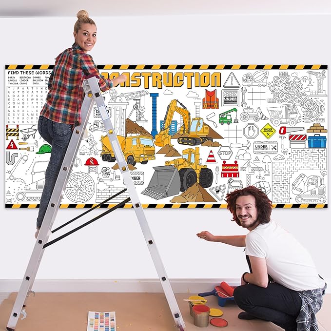 Construction Giant Coloring Poster for Kids Large Coloring Tablecloth Big Paper Sheets Page Dump Truck Table Cloth DIY Activity Game Art Crafts Mat Wall Home Classroom Party Decoration Supplies