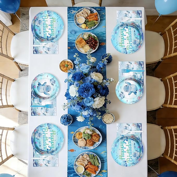 96Pcs Manatee Birthday Decorations Blue Under the Sea Plates and Napkins Ocean Animal Theme Decorations Favors for Kids Sea Ocean Marine Creature Birthday Baby Shower Party Supplies Serves 24
