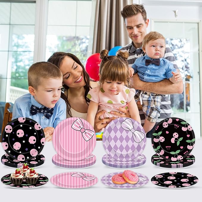 48PCS Kawaii Party Decorations 7" Cute Anime Paper Plates Animations Theme Supplies Cartoon Dessert Tableware Set Adorable Pink Purple Disposable Cake Plates for Kids Baby Shower Birthday Party Favor