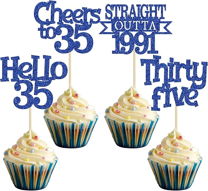 Ephlyn 24Pcs Happy 35th Birthday Cupcake Toppers Blue Thirty Five Cupcake Picks Hello 35 Cheers to 35 Years Birthday Cake Decorations for 35th Birthday Anniversary Party Decor Supplies