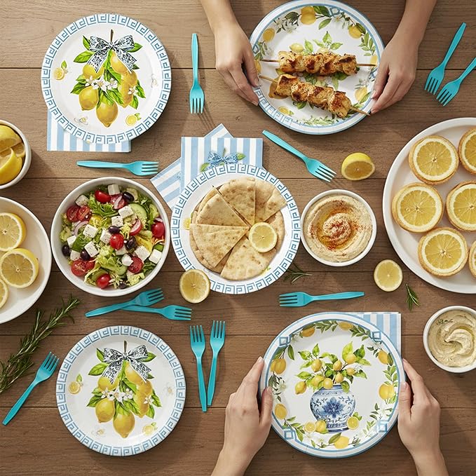 96Pcs Chinoiserie Vase Lemon Party Plates Supplies Capri Lemon Blue White Vase Tableware Decorations Disposable Paper Plates Napkins Forks for Birthday Summer Party Wedding, Serves 24