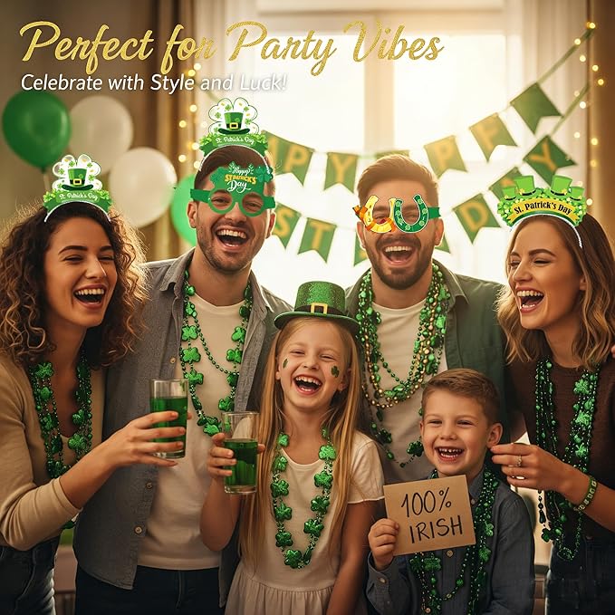 Ansoufien 48 PCS St. Patrick's Day Accessories & Irish Party Supplies - 6 Headbands, 12 Glasses, 6 Necklaces, 12 Wristbands, 12 Sheets (33 Patterns) Tattoos - Shamrock Dress Up