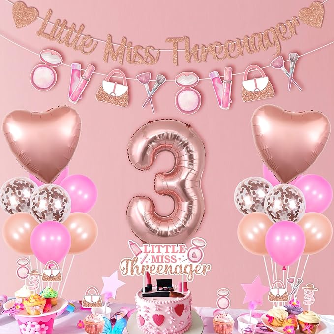 3rd Birthday Decorations for Girls Little Miss Threenager Birthday Decor Banner Makeup Theme Party Garland Cake Toppers Heart Balloon Spa Makeup Theme Party Rose Gold for 3 Year Old Girl