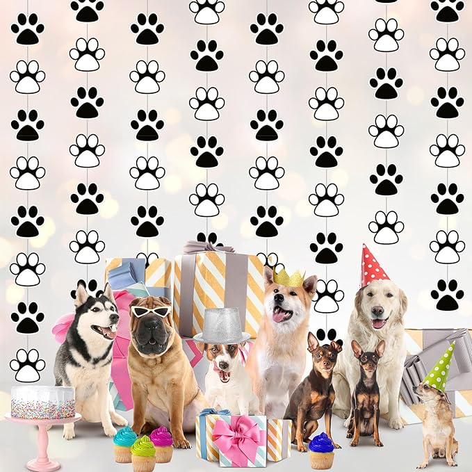 Duraaamo 8 Pack Dog Party Banner Decorations Paw Paper Garland Pet Birthday Paper Hanging Cutouts Black White Dog Paw Banners for Kids Let's Pawty Pet Birthday Party Supplies Decor