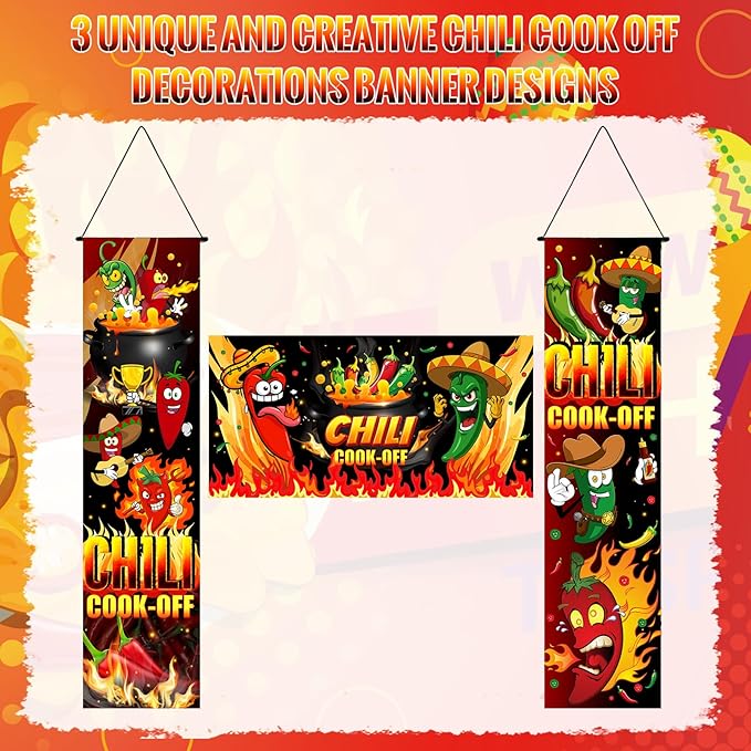 Moukeren 3 Pcs Chili Cook off Decorations 47.24 x 11.81 Inch Chili Cook off Hanging Porch Sign Hot Pepper Contest Banner 39.37x19.69 Inch Mexican Fiesta Cooking Party Supplies