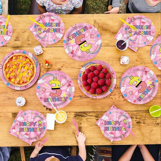 96Pcs Pink and Yellow 3rd Birthday Decorations Princess Pink and Yellow Party Plates and Napkins Disposable Tableware for 3 years Old Girls Princess Birthday Party Decorations Serve 24