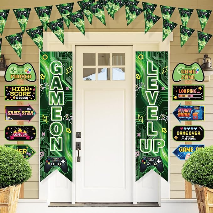 Video Game Birthday Party Decorations Level Up Triangle Flag Banner Photo Booth Props Gamer Birthday Party Supplies with Game Controller High Score Loading Paused Porch Yard Signs for Boys Kids Gaming Theme Party