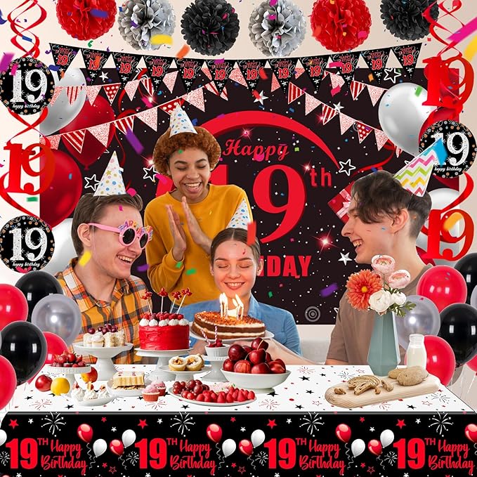 19th Birthday Decorations for Boys Men Girls, Happy 19th Birthday Banner Backdrop Red and Black, 19 Birthday Decorations Balloons Triangle Flag Tablecloth, 19 Year Old Boy Bday Party Supplies Decor