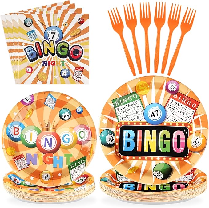 96Pcs Bingo Party Supplies Colorful Bingo Night Plates and Napkins Disposable Tableware Sets Bin-go Theme Birthday Decorations Favors for Adults Boys Girls Family Game Night Decorations Serves 24