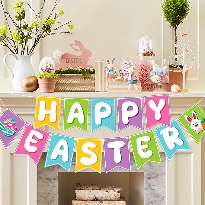 OHOME Easter Decorations - Happy Easter Banner | Bunny Party Decorations for Indoor Outdoor Outside - Bunny Egg Garland for Front Door | Easter Backdrop Wreath for Window Wall - Easter Decor