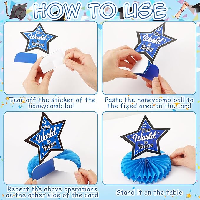 10 PCS Graduation Party Decorations Class of 2026,Blue and Black Congrats Grad Honeycomb Centerpiece Congratulate Graduation Table Topper Decor for Graduation Party Favor Supplies