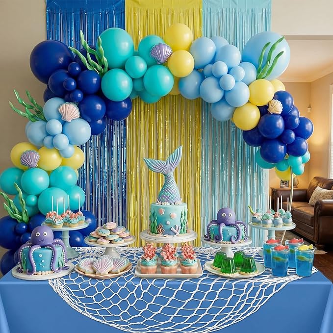 Unittype Fish Net Decorative and Tablecloth Set, Cotton Fishnet and Plastic Table Cover Decorations Set for Nautical Themed Party Baby Shower Pirate Decorations Mermaid Party