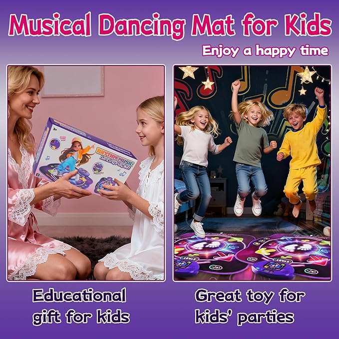 Dance Mat Toys for 3-12 Year Old Kids, Dancing Music Playmat with Light-Up Wireless Bluetooth with 5 Game Modes, Electronic Dance Pad Toys with Adjustable Volume, Birthday Gifts for Girls 3 4 5 6 7 8