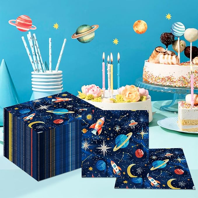 Outer Space Party Napkins, 40PCS Outer Space Napkins Disposable, Astronaut Partys Supplies Birthday Decorations, Rocket Ship Party Dinner Paper Napkins for Wedding, Theme Partys, Birthday, 6.5" x 6.5"