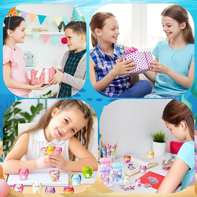 CY2SIDE 12 Pack Axolotl Squeeze Toys Party Favor Gift Set, Included Random Slow Rising Squishy Toys 4-in-1 Ballpoint Pen Cute Stickers and Organza Bag, Axolotl Party Goodie Bag Fillers for Kids Reward