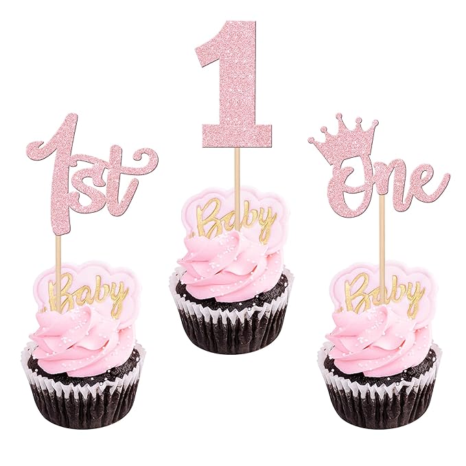 Wild One 24 PCS Glitter Cupcake Toppers - 1st Birthday Crowns & Decorations for Kids Party, Boho Theme, Light Pink