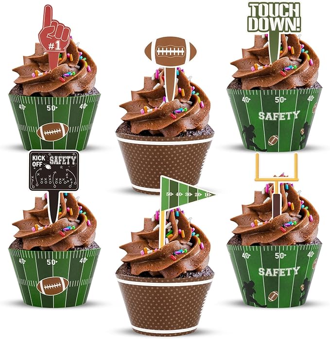 48 Pack Football Cupcake Toppers and Wrappers, Rugby Touchdown Cake Decoration for Football Theme Birthday Party Sports Game Day Party Supplies