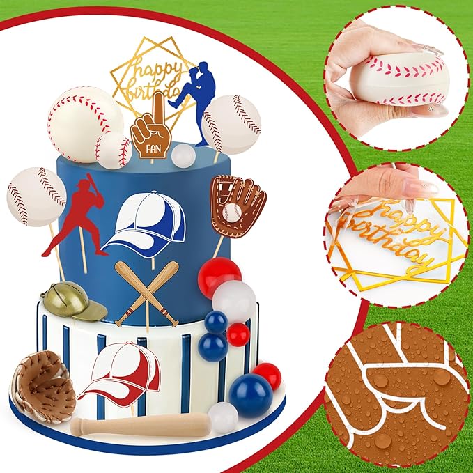 Hooqict 26Pcs Baseball Cake Decorations Set with Mini Balls, Player, Caps, Gloves, Bats, Baseball Birthday Cake Toppers & Cupcake Toppers for Boys Men Sports Themed Birthday Party Decorations Supplies