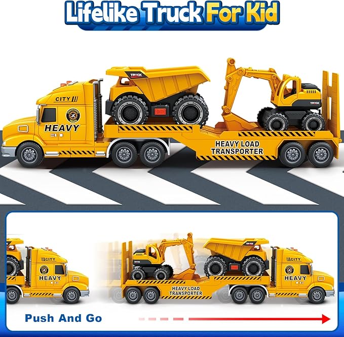 Toddler Boy Toys for 3 4 5 6 7 Years Kids, 27" Semi Construction Carrier Truck Toy with Excavator and Dump Truck, Friction Powered Toys with Lights and Sounds, Birthday for Boy Girls