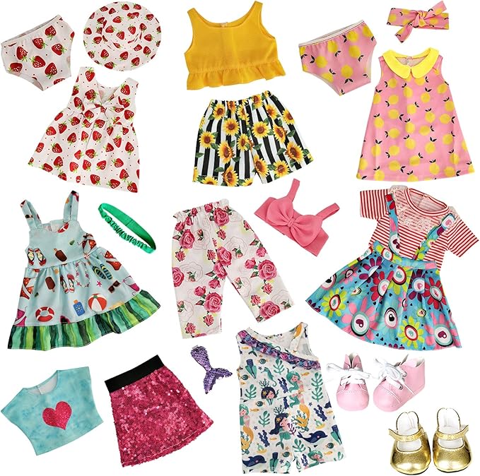 American Doll Clothes and Accessories for 18 Inch Doll, 18" Clothes Dress, Total 19 Pcs Including 8 Sets of Clothing Outfits with Shoes, Underwear, Headband, and Cap (Not Include The Doll)
