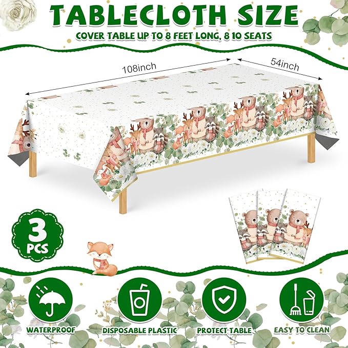 3 Pack Plastic Safari Baby Shower Tablecloth, 54 x 108 Inch Disposable Woodland Forest Animal Neutral Gender Reveal Party Eucalyptus Leaves Table Cover for Forest Birthday Friendship Party Decor