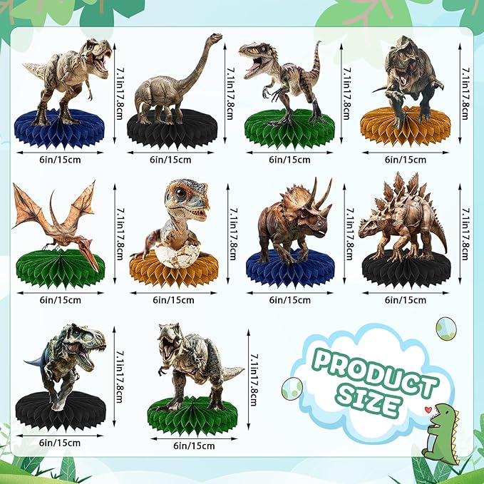 10 Pcs Dinosaur Party Decorations, Dinosaur Birthday Decorations Dinosaur Centerpieces for Birthday Party 3D Dino Honeycomb Table Decorations Jungle Animal Theme Table Decor For Boys Girls