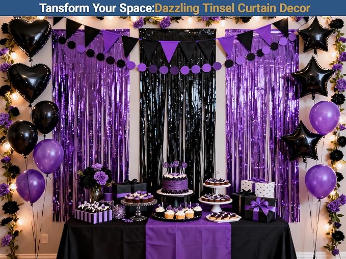 3 Packs Purple Black Foil Fringe Curtains, Birthday Party Decorations Backdrop Tinsel Steamer, Wedding Engagement Bridal Shower Party Decorations Retirement Decor Graduation Party Backdrop