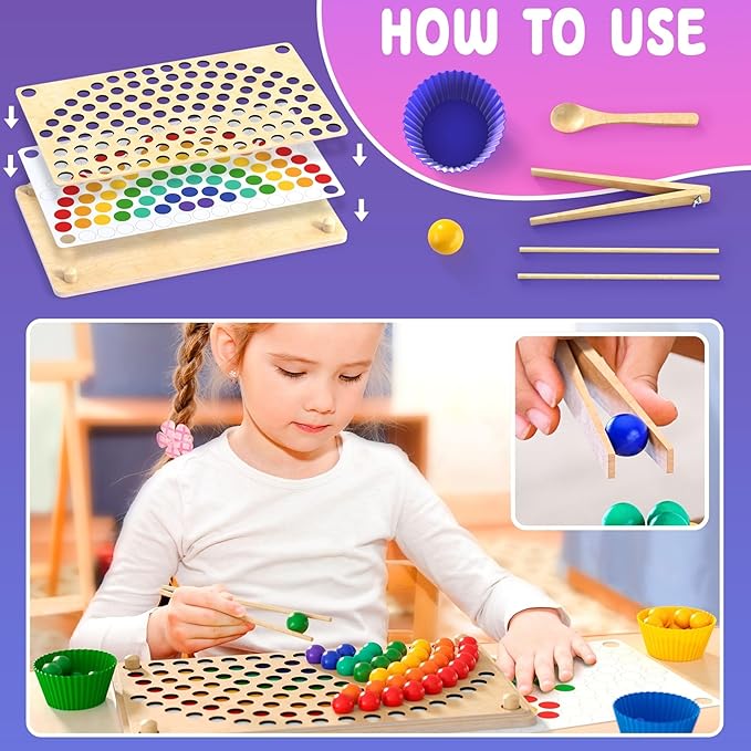 Toddler Wooden Learning Montessori Toys – Wooden peg Board Bead Game Baby Rainbow Stacking Matching Counting Color Sorting Games for fine Motor Math Skills Boys and Girls for 3 4 5 Years Old