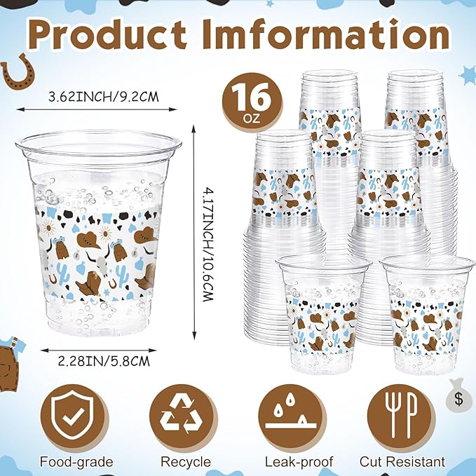 100 Pcs Western Plastic Cups 12 oz Clear Disposable Plastic Cowboy Cowgirl Drinking Cups Bulk for Boho Preppy Baby Shower Birthday Wild West Party Decoration Supplies(Cowboy,Brown and Blue)