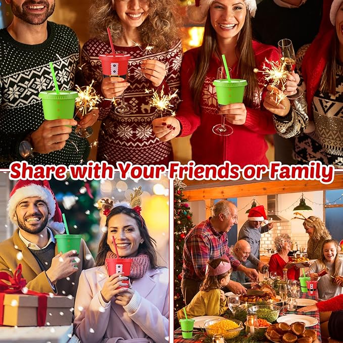 Sieral 30 Pcs Christmas Cups with Straws and Lids 16 oz Santa Elf Belt Cups Red Green Plastic Tumblers Reusable Iced Coffee Travel Mug for Christmas Theme Party Supplies Decorations