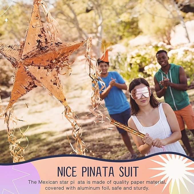 Hanaive Foil Star Piñata with Blindfold and Bat for Birthday Foldable Star Shape Piñata with Stick Festive Fiesta Party Supplies Favors for Mexican Party (Rose Gold)