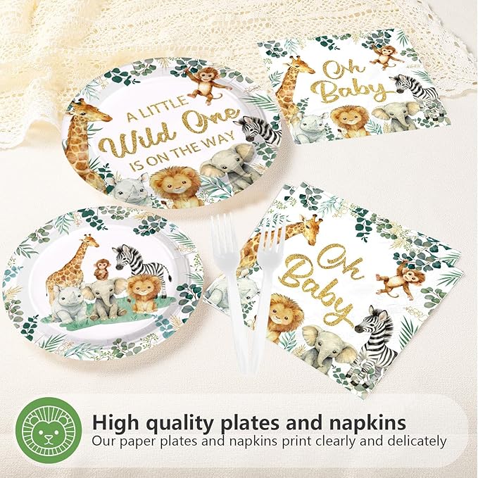 96 Pcs Jungle Safari Baby Shower Decorations Disposable A Little Wild One is on The Way Paper Plates and Napkins Jungle Safari Animals Tableware Set for Welcome Baby Shower Birthday Party Supplies