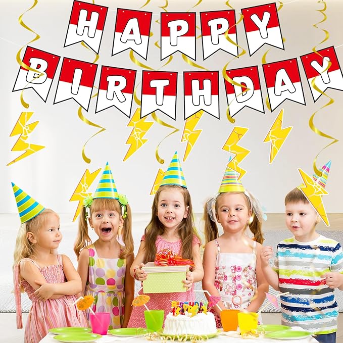 Cartoon Birthday Banner 8pcs Lightning Hanging Swirls Party Decorations, Flash Weather Streamers Gold Lightning Hanging, Kids Yellow Red White Birthday Party Decor for Kids Party Supplies