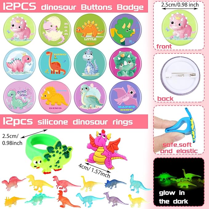 122 Pcs Dinosaur Party Supplies Pink Dinosaur Birthday Party Favors Dino Goodie Bags Make a Dino Sticker Mini Glow in Dark Toy Badge Bracelet Ring for Christmas Favor Treat Bag Stocking Stuffer