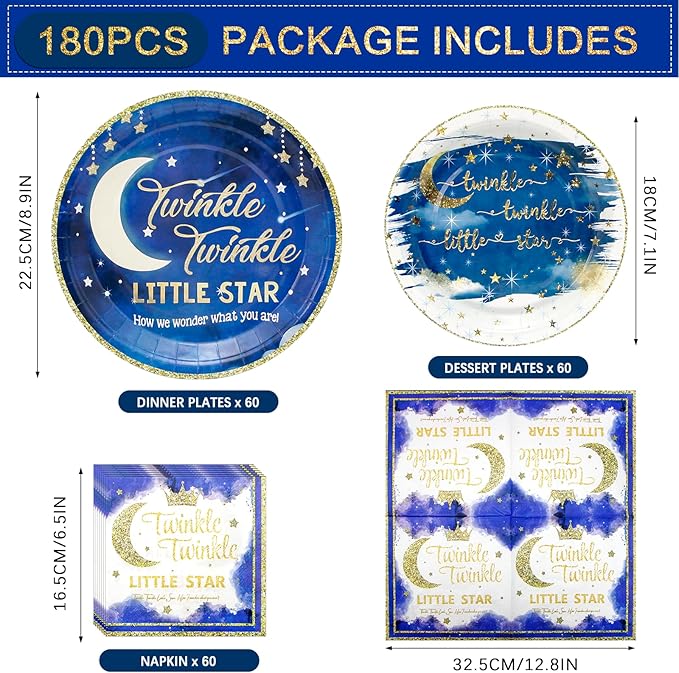 180PCS Twinkle Twinkle Little Star Party Supplies Serve 60,Little Star Paper Plates and Napkins Kit for Guests Gender Reveal Birthday Party Plates Baby Shower Decorations.