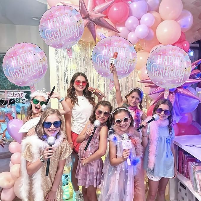 18 Inch Happy Birthday Foil Balloons, 4Pcs Pastel Pink Purple Blue Cloud Helium Mylar Round Birthday Balloons with Stars for Teen Girl Women Outer Space Starry Galaxy Baby Shower Party Decorations