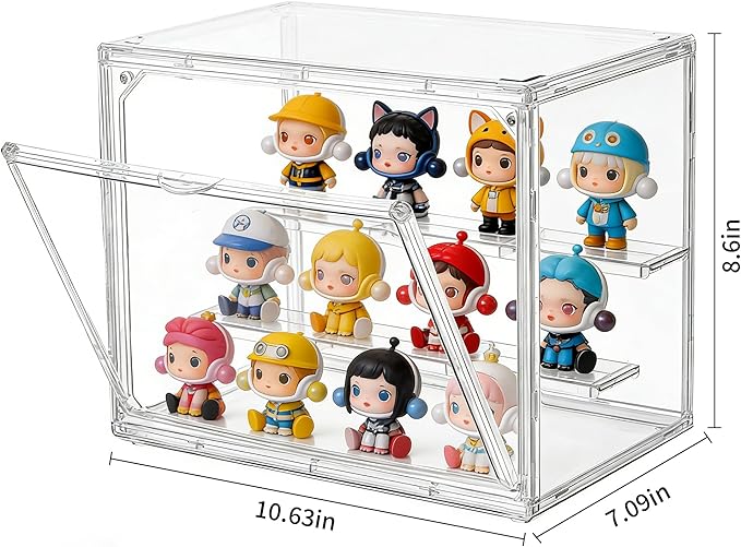 Acrylic Display Case, Clear Display Case Adjustable Display Box Stand with 2 Movable Dividers, Small Showcase Magnetic Door for Collections