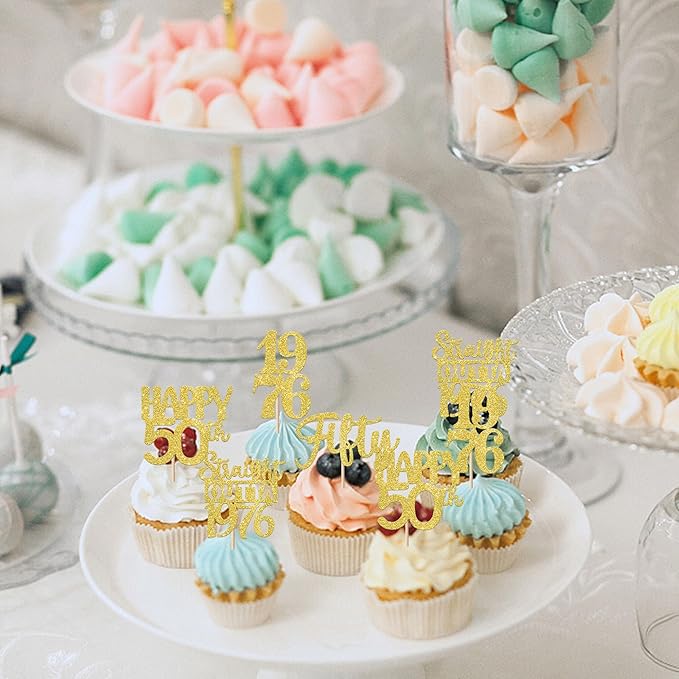 30PCS Happy 50th Birthday Cupcake Toppers Gold Glitter Fifty Straight Outta 1976 Cupcake Picks Cheers to 50 Years Cake Decorations for 50th Birthday Anniversary Party Decoration Supplies