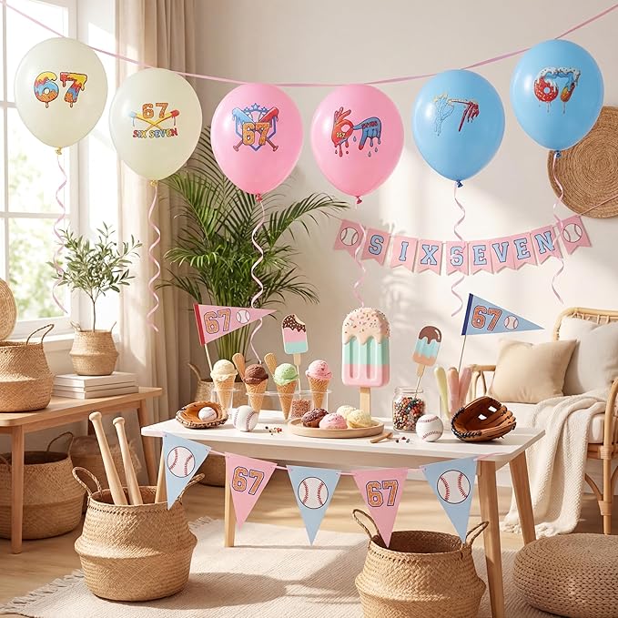 30 Pcs 67 Birthday Decorations, 10 Inch 67 Me Me Themed Balloons with 32.8 ft Ribbon Ice Cream Drip Balloon Decorations for Birthday Party Backdrop Supplies