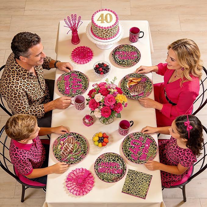 96Pcs Cheetah Print 40th Birthday Party Supplies Pink Animal Leopard Print Plates and Napkins Leopard Happy 40th Birthday Tableware Set for Girls Safari Animal Party Decorations Serves 24