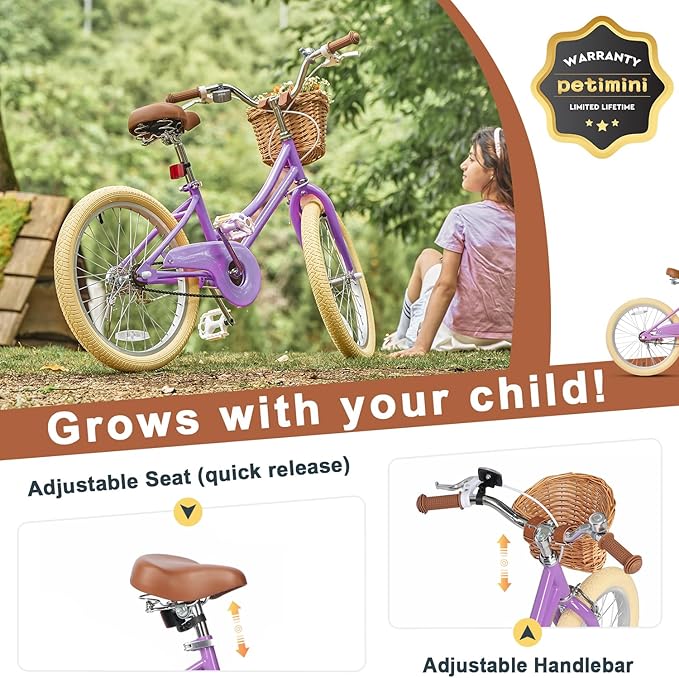 Petimini Vintage Kids Bike for Girls, 12–20 Inch Classic Bicycle with Wicker Basket & Bell, High Tensile Steel Frame, Training Wheels (12–18”), 85% Pre-Assembled, Retro Bike for Outdoor Riding