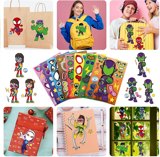 Cute Superhero Stickers for Teen, 36 Sheets, Make Your Own Movie Theme, Make a Face Stickers for Teens Girls Boys, Classroom Rewards Party Supplies