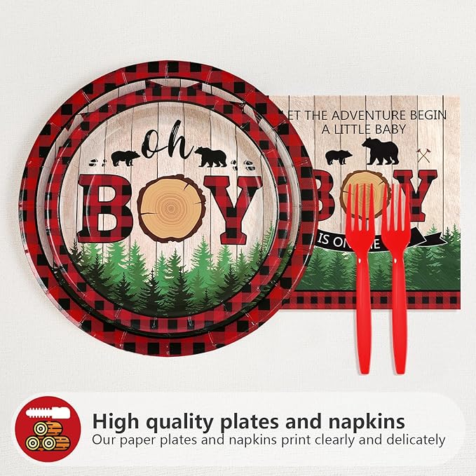Lumberjack Baby Shower Party Decorations Buffalo Plaid Lumberjack Baby Boy Shower Plates and Napkins Set Wild Bear Forest A Little Baby Boy Decoration for Boys Camping Hunting Bear Supplies Serve 24