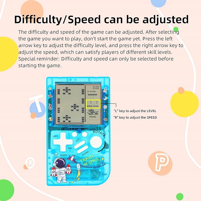 CZT Transparent Block Game Machine 23 Built-in Games Retro Children's Console Student Device Puzzle Handheld Console Electronic Brick Games Compact Portable Christmas Girl Gifts (Blue)