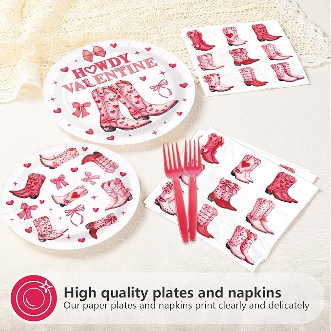 200Pcs Valentine's Day Party Decorations Boots and Bows Plates and Napkins Pink Western Cowgirl Tableware Sets for Valentines Birthday Bachelorette Party Supplies Serves 50
