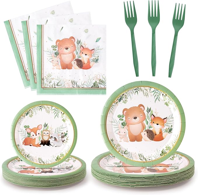 96Pcs Woodland Animal Baby Shower Greenery Wild Creatures Forest Party Plates Supplies Tableware Decoration Disposable Paper Plate Napkin Fork for Birthday, Serves 24