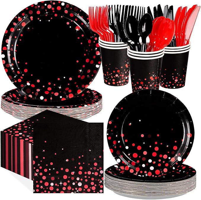 Grencian 168Pcs Black and Red Party Decorations Red Dot on Black Plates Napkins Cups Forks Knives Spoons Disposable Paper Tableware for Birthday Wedding Party Supplies, Serves 24