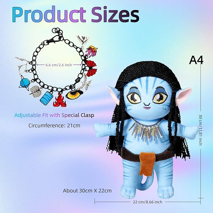 Avatar Plush Toy and Cosplay Enamel Charm Bracelet for Fans, Avatar Na'vi Anime Accessories, Themed Jewelry and Baby Doll Toys Christmas Birthday Gift for Kids Women